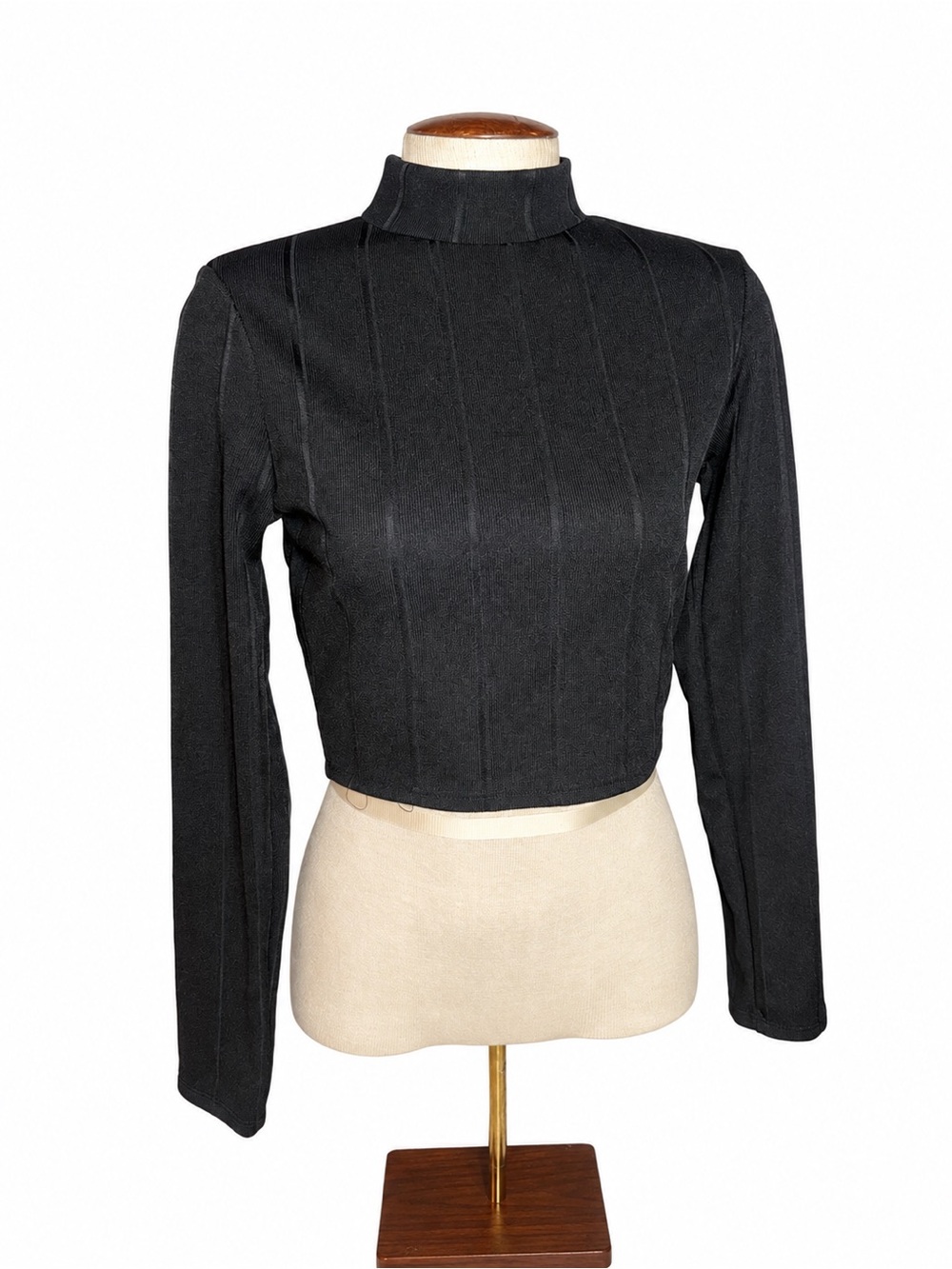 Sears Black Ribbed Mock Neck Long Sleeve Crop Top 006